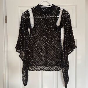 BNWT 15” PTP Mesh Top with Beaded Accents & Bell Sleeves, Black/Gold, Size L.
